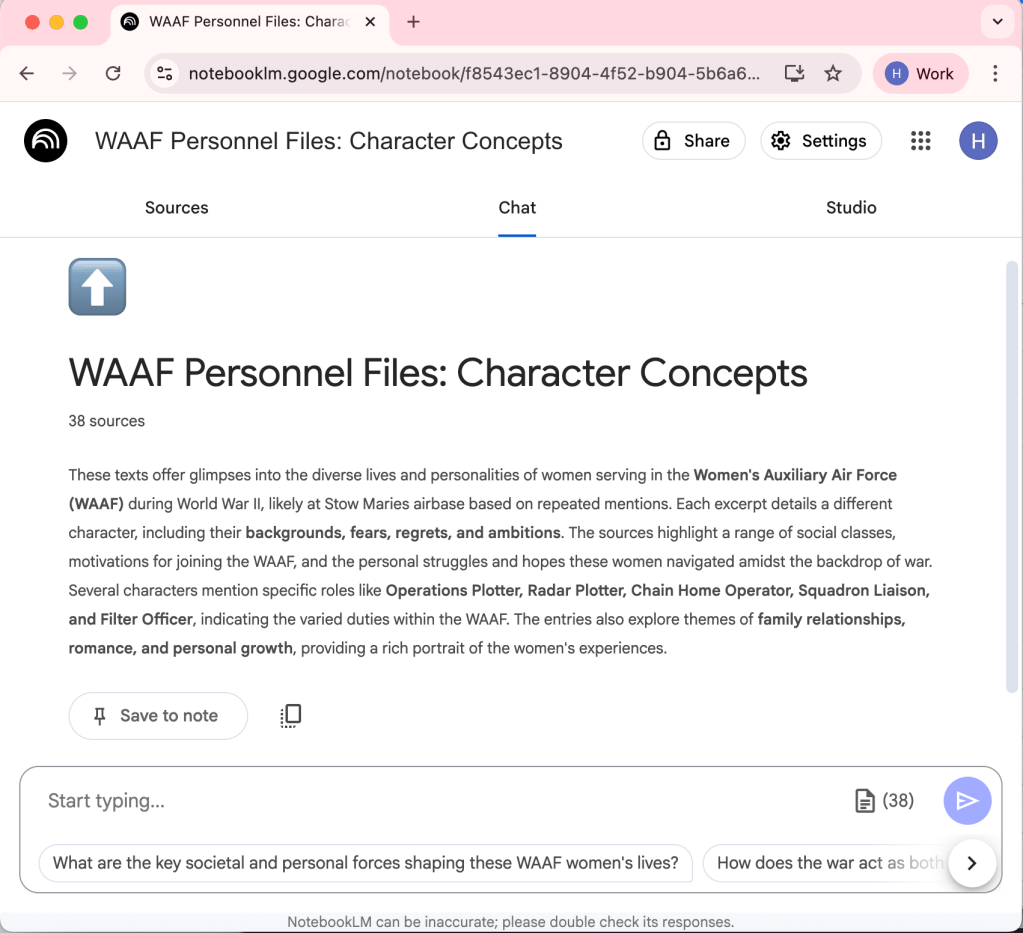 An image of Notebook LLM being used to understand the characters at Wing and a Prayer.